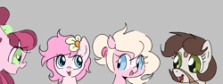 Size: 710x267 | Tagged: safe, artist:dotkwa, artist:horsepen, artist:parfait, ponerpics import, oc, oc only, oc:deary dots, oc:kayla, oc:penny, pony, aggie.io, female, happy, mare, open mouth, simple background, smiling