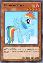 Size: 419x610 | Tagged: safe, artist:animanster, derpibooru import, rainbow dash, pegasus, pony, card, cloud, female, flying, mare, multicolored hair, rainbow hair, sky, smiling, spread wings, text, wings, yu-gi-oh!