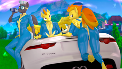 Size: 3840x2160 | Tagged: safe, artist:silkworm205, derpibooru import, blaze, misty fly, spitfire, thunderlane, anthro, pegasus, unguligrade anthro, series:silkworm205's weekly artwork 2022, 3d, breasts, butt, car, clothes, dock, drinking, folded wings, goggles, holding hands, jaguar, jaguar f-type, latex, latex suit, looking at you, looking away, presenting, raised leg, revamped anthros, revamped ponies, shipping, skintight clothes, source filmmaker, spread wings, tail, underhoof, uniform, unshorn fetlocks, water bottle, wings, wonderbolts, wonderbolts uniform