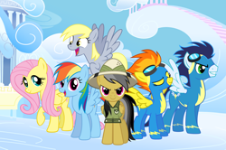 Size: 2790x1850 | Tagged: safe, artist:amigogogo, derpibooru import, daring do, derpy hooves, fluttershy, rainbow dash, soarin', spitfire, pegasus, pony, alternate mane six, cloud, cloudsdale, derp, eyes closed, female, flying, goggles, hat, mare, multicolored hair, rainbow hair, raised hoof, raised leg, sky, smiling, spread wings, wings, wonderbolts