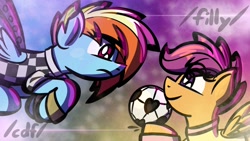 Size: 1920x1080 | Tagged: safe, artist:ashtoneer, derpibooru import, rainbow dash, scootaloo, pegasus, pony, 4chan cup, clothes, eye clipping through hair, female, filly, foal, football, frown, looking at each other, looking at someone, mare, smiling, sports, spread wings, text, torn ear, uniform, wings