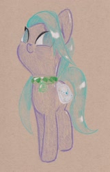 Size: 1529x2368 | Tagged: safe, artist:foxtrot3, derpibooru import, oc, oc only, oc:romdiel, crystal pony, bag, bell, bell collar, blue eyes, collar, saddle bag, slave, smiling, solo, traditional art