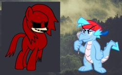 Size: 657x402 | Tagged: safe, artist:darlycatmake, derpibooru import, dragon, pony, boyfriend (friday night funkin), creepypasta, dragonified, friday night funkin', knuckles exe, knuckles the echidna, ponified, ready to fight, sonic the hedgehog (series), species swap, triple trouble