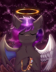 Size: 1200x1545 | Tagged: safe, artist:_tinyberri, derpibooru import, oc, oc:ella starshade, alicorn, hybrid, pegabat, brown coat, commission, demon wings, ears, eyes closed, floppy ears, front view, halo, hooves to the chest, horn, jewelry, necklace, short hair, solo, spread wings, starry sky, stars, wings