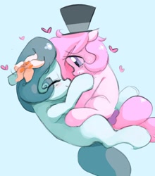 Size: 1898x2156 | Tagged: safe, artist:parfait, ponerpics import, oc, oc only, oc:hattsy, oc:kayla, earth pony, pony, eyes closed, female, filly, flower, foal, hat, heart, hug, mare, simple background, smiling, top hat