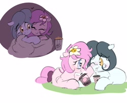 Size: 4096x3326 | Tagged: safe, artist:parfait, ponerpics import, oc, oc only, oc:hattsy, oc:kayla, earth pony, pony, blanket, blushing, drink, eyes closed, female, filly, foal, food, heart eyes, hug, lying down, mare, one eye closed, popcorn, simple background, smiling, white background, wingding eyes