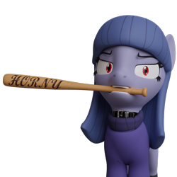 Size: 1080x1080 | Tagged: safe, artist:the luna fan, derpibooru exclusive, derpibooru import, oc, oc only, oc:cosmia nebula, earth pony, pony, 3d, angry, baseball bat, blender, blender cycles, choker, clothes, earth pony oc, female, horny jail, looking at you, mare, mouth hold, open mouth, simple background, sweater, transparent background