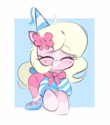 Size: 2892x3290 | Tagged: safe, artist:parfait, ponerpics import, oc, oc only, earth pony, pony, bow, clothes, eyes closed, female, filly, foal, hat, mare, party hat, raised hoof, raised leg, simple background, smiling