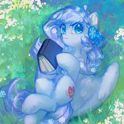 Size: 2048x2048 | Tagged: safe, artist:tingsan, derpibooru import, oc, oc only, pegasus, pony, blue eyes, blue mane, blue tail, book, ears, ears up, female, grass, grass field, looking at you, mane, mare, solo, spread wings, tail, wings