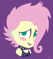 Size: 3194x3545 | Tagged: safe, artist:realgero, derpibooru import, fluttershy, better together, equestria girls, the road less scheduled, the road less scheduled: fluttershy, blush sticker, blushing, bust, choker, flutterpunk, looking at you, no pupils, purple background, simple background, smiling, solo, studded choker