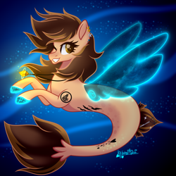 Size: 3000x3000 | Tagged: safe, artist:gabby-artista, derpibooru import, oc, oc only, pegasus, seapony (g4), blue wings, brown mane, bubble, clothes, cute, digital art, dorsal fin, eyelashes, female, fin wings, fins, fish tail, flowing mane, flowing tail, gills, glowing, high res, jewelry, looking at you, mare, necklace, ocean, one eye closed, seaponified, see-through, signature, smiling, solo, species swap, swimming, tail, teeth, underwater, water, wings, wink