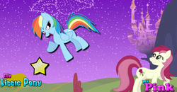 Size: 479x250 | Tagged: safe, derpibooru import, rainbow dash, roseluck, earth pony, pegasus, pony, canterlot, female, flower, mare, multicolored hair, night, rainbow hair, raised hoof, raised leg, rose, smiling, stars, text, wings