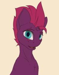 Size: 1702x2160 | Tagged: safe, artist:tenebrisnoctus, derpibooru import, fizzlepop berrytwist, tempest shadow, pony, unicorn, beige background, broken horn, colored, female, flat colors, horn, looking at you, mare, open mouth, open smile, simple background, smiling, smiling at you, solo