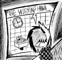 Size: 1010x979 | Tagged: safe, artist:xxv4mp_g4z3rxx, derpibooru import, oc, oc only, oc:violet valium, bat pony, pony, 3am, bat pony oc, bathroom, black and white, clock, clothes, emo, female, grayscale, hair covering face, hoodie, mare, monochrome, sharp teeth, signature, sink, smiling, solo, speech bubble, spread wings, teeth, wings