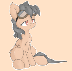 Size: 1600x1570 | Tagged: safe, artist:ando, derpibooru import, oc, oc only, pegasus, pony, goggles, lidded eyes, simple background, sitting, solo