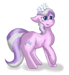 Size: 922x1000 | Tagged: safe, artist:lil_vampirecj, derpibooru import, diamond tiara, earth pony, pony, blue eyes, female, filly, foal, full body, fully shaded, jewelry, mare, pink body, purple mane, purple tail, simple background, smiling, solo, tail, tiara, white background