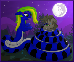 Size: 3056x2556 | Tagged: safe, artist:kinipharian, derpibooru import, oc, oc only, lamia, original species, pony, angry, coils, duo, forest, full moon, gritted teeth, mare in the moon, moon, night, outdoors, stars, teeth, were-pony