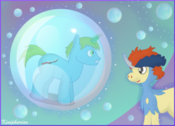 Size: 4459x3212 | Tagged: safe, artist:kinipharian, derpibooru import, oc, pony, unicorn, abstract background, bubble, crossover, duo, horn, keldeo, mythical pokémon, pokémon, unicorn oc