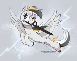 Size: 1500x1200 | Tagged: safe, artist:anotherdeadrat, derpibooru import, oc, oc only, oc:storm cloud river's, pegasus, pony, female, flying, freckles, full body, heterochromia, lighting, looking up, mare, mouth hold, multicolored mane, multicolored tail, pegasus oc, smiling, solo, spread wings, sword, tail, weapon, wings