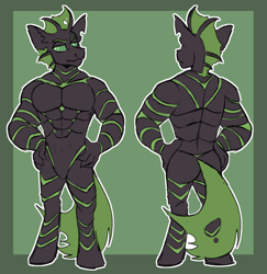 Size: 970x1000 | Tagged: safe, artist:rockin_candies, derpibooru import, oc, oc only, oc:villainshima, anthro, hybrid, anthro oc, bipedal, full body, green changeling, muscles, reference sheet, simple background, solo, standing