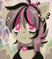 Size: 2500x2800 | Tagged: safe, artist:etoz, derpibooru import, oc, oc only, oc:gravel shine, bat pony, pony, '90s, 90s anime, angry, bat pony oc, bat wings, bust, choker, clothes, collar, cute, ear piercing, earring, emo, eyebrows, fangs, goth, jewelry, makeup, male, piercing, portrait, retro, shirt, stallion, style emulation, t-shirt, tsundere, white pupils, wings