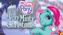 Size: 1280x720 | Tagged: safe, derpibooru import, minty, earth pony, pony, a very minty christmas, g3, christmas, hat, holiday, looking at you, my little pony logo, santa hat, smiling, tree