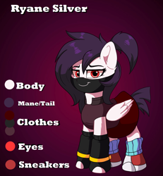 Size: 1681x1822 | Tagged: safe, artist:joaothejohn, derpibooru import, oc, oc:ryane silver, pegasus, pony, clothes, commission, cute, looking at you, mask, palindrome get, pegasus oc, reference sheet, shoes, simple background, sneakers, text, wings