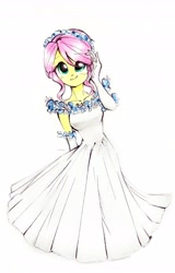 Size: 4361x6821 | Tagged: safe, artist:liaaqila, derpibooru import, fluttershy, human, equestria girls, clothes, commission, dress, female, solo, traditional art, wedding dress