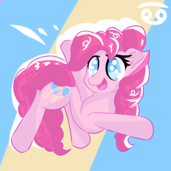 Size: 2000x2000 | Tagged: safe, artist:papacruda09, derpibooru import, pinkie pie, earth pony, pony, abstract background, female, looking at you, smiling, smiling at you, solo