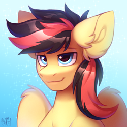 Size: 3000x3000 | Tagged: safe, artist:argigen, derpibooru import, oc, pegasus, pony, bust, colored ears, high res, pegasus oc, portrait, red and black mane, simple background, solo