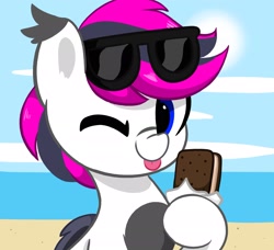 Size: 2048x1865 | Tagged: safe, artist:kittyrosie, derpibooru import, oc, oc only, oc:lance, bat pony, pony, :p, beach, commission, ocean, one eye closed, solo, sunglasses, tongue, tongue out, water, wink