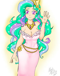 Size: 640x800 | Tagged: safe, artist:a.s.e, derpibooru import, princess celestia, human, bare shoulders, breasts, cleavage, clothes, ethereal mane, eye clipping through hair, female, humanized, jewelry, looking at you, princess breastia, regalia, simple background, solo, white background