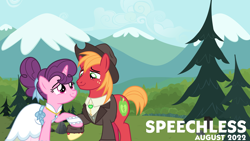 Size: 2064x1162 | Tagged: safe, artist:boneswolbach, artist:cheezedoodle96, artist:not-yet-a-brony, derpibooru import, edit, big macintosh, sugar belle, earth pony, unicorn, 2022, august, clothes, dan + shay, dress, female, hat, husband and wife, lyrics in the description, male, mare, married couple, mountain, mountain range, shipping, song reference, stallion, straight, sugarmac, suit, tree, youtube link in the description