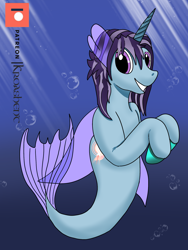 Size: 1536x2048 | Tagged: safe, artist:kathalia, derpibooru import, oc, oc only, alicorn, merpony, pony, seapony (g4), bubble, commission, crepuscular rays, digital art, female, fin wings, fins, fish tail, flowing tail, horn, looking at you, mare, ocean, patreon, patreon logo, purple eyes, purple mane, seaponified, sketch, smiling, smiling at you, solo, species swap, sunlight, tail, teeth, underwater, water, wings