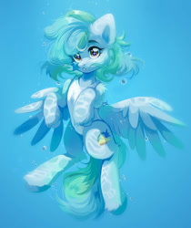 Size: 820x975 | Tagged: safe, artist:pledus, derpibooru import, oc, oc only, pegasus, pony, blue background, bubble, clothes, commission, crepuscular rays, cute, digital art, feather, female, flowing mane, flowing tail, golden eyes, green mane, looking at you, mare, ocean, open mouth, simple background, solo, spread wings, sunlight, swimming, swimsuit, tail, underwater, unshorn fetlocks, water, wingding eyes, wings, ych result