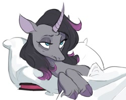 Size: 1108x886 | Tagged: safe, artist:cadillacdynamite, derpibooru import, oleander, classical unicorn, unicorn, them's fightin' herds, book, cloven hooves, community related, curved horn, horn, leonine tail, lidded eyes, messy mane, pillow, simple background, sleepy, solo, tired, unamused, unicornomicon, unshorn fetlocks, white background