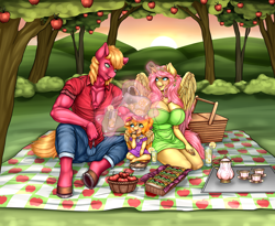 Size: 3800x3123 | Tagged: safe, artist:jraisins, derpibooru import, big macintosh, fluttershy, oc, oc:princess butter bloom, oc:princess fluttershy, alicorn, anthro, unguligrade anthro, series:fik: next generation, alicorn oc, alternate character design, alternate hairstyle, alternate universe, apple, apple tree, au:friendship is kindness, baby, basket, big breasts, breasts, cleavage, clothes, colored wings, commission, cup, cuteness overload, dress, family, father and child, father and daughter, female, filly, fluttermac, fluttermom, foal, food, glass, glowing, glowing horn, hand on head, head pat, hootershy, horn, jewelry, juice, lemonade, levitation, long hair, magic, male, mare, mother and child, mother and daughter, offspring, parent and child, parent:big macintosh, parent:fluttershy, parents:fluttermac, pat, picnic, picnic basket, picnic blanket, pitcher, ring, sandwich, shipping, stallion, story included, straight, sweet apple acres, sweet dreams fuel, teacup, teapot, telekinesis, tree, two toned wings, wedding ring, wings