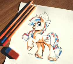 Size: 2048x1793 | Tagged: safe, artist:avui, oc, oc only, oc:ember (hwcon), earth pony, color pencil, dutch cap, eraser, hearth's warming con, mascot, nation ponies, netherlands, raised hoof, raised leg, solo, traditional art
