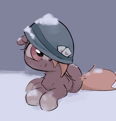 Size: 1878x1968 | Tagged: safe, artist:parfait, ponerpics import, sergeant reckless, earth pony, pony, card, female, hat, helmet, looking at you, lying down, mare, ponified, smiling, snow, solo