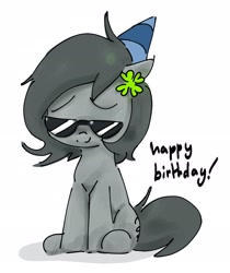 Size: 2200x2620 | Tagged: safe, artist:parfait, ponerpics import, oc, oc only, oc:anon filly, earth pony, pony, birthday, female, glasses, hat, mare, party hat, sitting, smiling