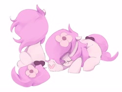 Size: 4096x3113 | Tagged: safe, artist:parfait, ponerpics import, oc, oc only, oc:kayla, earth pony, pony, eyes closed, female, filly, flower, flower in hair, foal, heart hoof, lying down, prone, rear view, scrunchie, simple background, sitting, solo, tailband, underhoof, white background