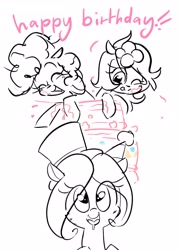 Size: 2904x4036 | Tagged: safe, artist:parfait, ponerpics import, pinkie pie, oc, oc only, oc:hattsy, oc:kayla, earth pony, pony, birthday, cake, drool, female, food, hat, mare, monochrome, open mouth, party hat, simple background, smiling, top hat
