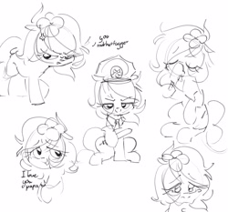 Size: 4096x3816 | Tagged: safe, artist:parfait, ponerpics import, oc, oc only, oc:kayla, earth pony, pony, clothes, costume, crying, drawpile, eyes closed, female, filly, flower, foal, food, hat, ice cream, looking back, mare, monochrome, open mouth, simple background, sitting, smiling, walking