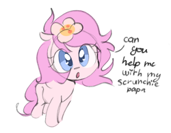 Size: 814x635 | Tagged: safe, artist:parfait, ponerpics import, oc, oc only, oc:kayla, earth pony, pony, female, filly, flower, flower in hair, foal, looking at you, open mouth, simple background, solo, talking, talking to viewer, white background