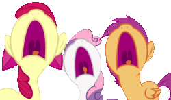 Size: 1543x900 | Tagged: safe, artist:iks83, derpibooru import, apple bloom, scootaloo, sweetie belle, earth pony, pegasus, pony, unicorn, hearts and hooves day (episode), aaugh!, animated, bad end, big no, cutie mark crusaders, female, filly, foal, hearts and hooves day, nose in the air, open mouth, screaming, simple background, tongue, tongue out, transparent background, uvula, volumetric mouth, yelling