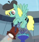 Size: 138x150 | Tagged: safe, derpibooru import, edit, edited screencap, screencap, pegasus, pony, equestria games (episode), season 4, beret, beret films, camera, female, flying, hat, mare