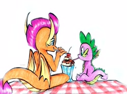 Size: 4045x2997 | Tagged: safe, artist:liaaqila, derpibooru import, smolder, spike, dragon, cherry, dragoness, duo, female, food, ice cream, male, simple background, straw, sundae, traditional art, watercolor painting, white background
