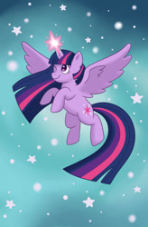 Size: 842x1280 | Tagged: safe, artist:lixa, derpibooru import, twilight sparkle, twilight sparkle (alicorn), alicorn, pony, female, flying, glowing, glowing horn, horn, magic, mare, one eye closed, smiling, solo, spread wings, starry background, wings, wink