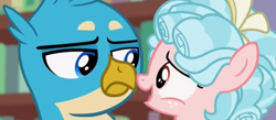 Size: 1219x533 | Tagged: safe, derpibooru import, screencap, cozy glow, gallus, griffon, pegasus, pony, what lies beneath, cropped, duo, female, gallus is not amused, male, unamused