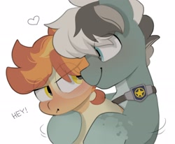 Size: 2605x2150 | Tagged: safe, artist:mochi_nation, derpibooru import, oc, oc only, oc:flame egg, oc:tarquoise, earth pony, pony, badge, blushing, coat markings, eye clipping through hair, female, heart, hug, hug from behind, looking at each other, looking at someone, male, mare, simple background, smiling, stallion, straight, tsundere, white background